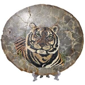 Tiger Rock Stone Art Artist Signed Hand Painted Oval Big Cat Decor Painting Flat